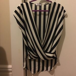 Black and white stripe wrap blouse