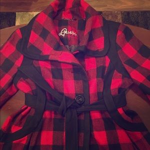 GUESS Belted Black & Red Plaid Wool Coat