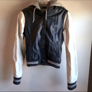 Obey Navy Leather Varsity Sweatshirt-Lined Jacket