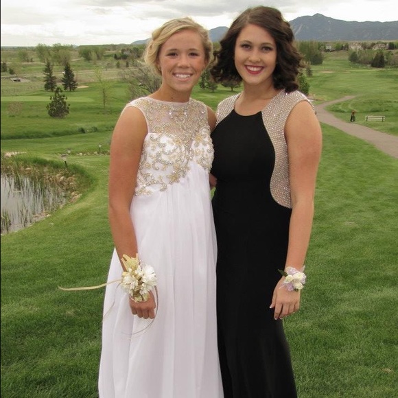 Gold embroidered White Prom Dress