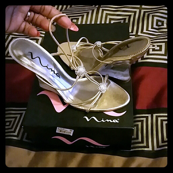 Nina Gold Foil/Rhinestone see thru bottom heels