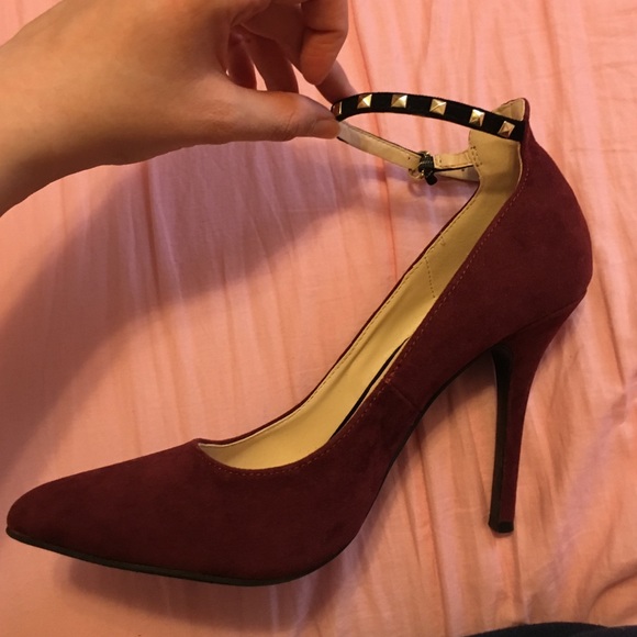 Anne Michelle Shoes - Burgundy Suede Ankle Strap Heels