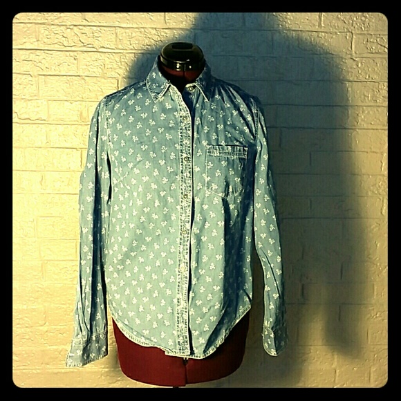 Light wash denim shirt with white flower pattern