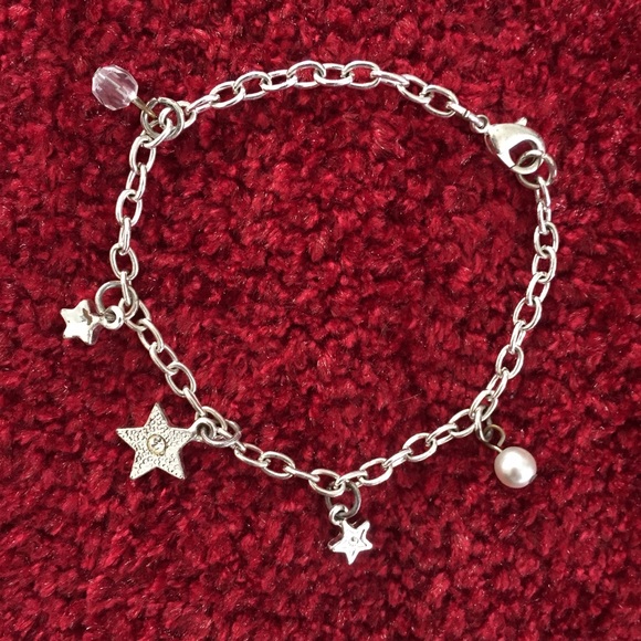Y2K Silver Star Charm Bracelet Pearl Crystal Accents Dainty Fairy Celestial Prom
