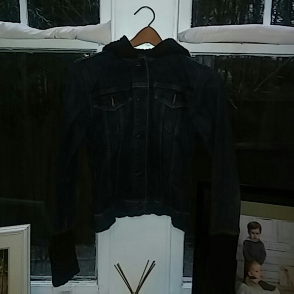 Theory denim jacket w/ brown knit hood and sleeves - Picture 2 of 4