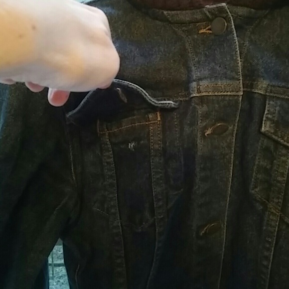 Theory denim jacket w/ brown knit hood and sleeves - Picture 3 of 4