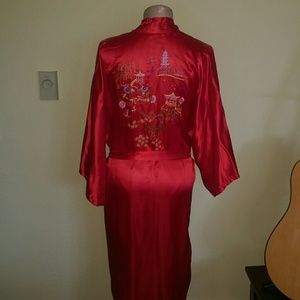 Red Satin Robe, long, embroidered back & front