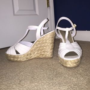 Strappy, peep-toe wedges