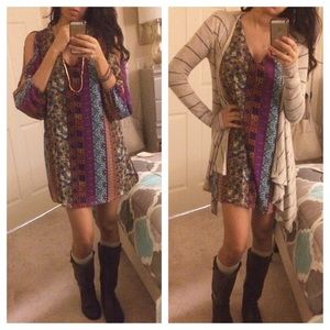 Bohemian printed shift dress with cold shoulder