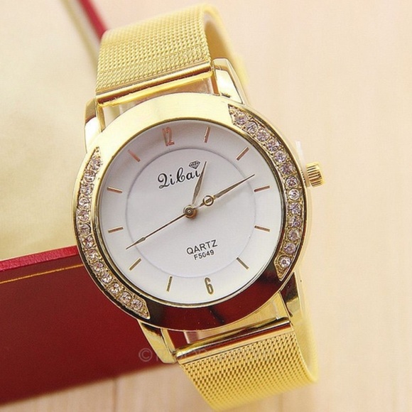 Gold Watch w White Enamel & CZ's, Dangle CZ Charm