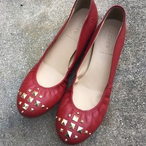 J. Crew red leather flats with gold studs