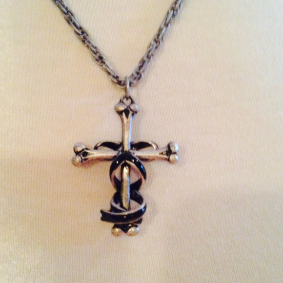 Bones Cross w/wrapping Bow & Ribbon Necklace - Picture 1 of 4