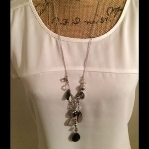 Long silver necklace with black & crystals