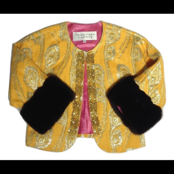 Trina Turk blazer with faux fur cuffs.