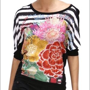 Desigual Silky Black & White Striped Floral Blouse