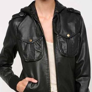 UO Silence + Noise Hooded Leather Jacket