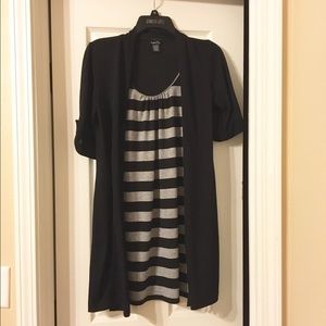 Black cardigan with attached gray and white tank