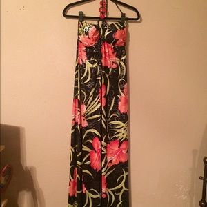 Beautiful Shimmery Coral Floral Beaded Halter Maxi