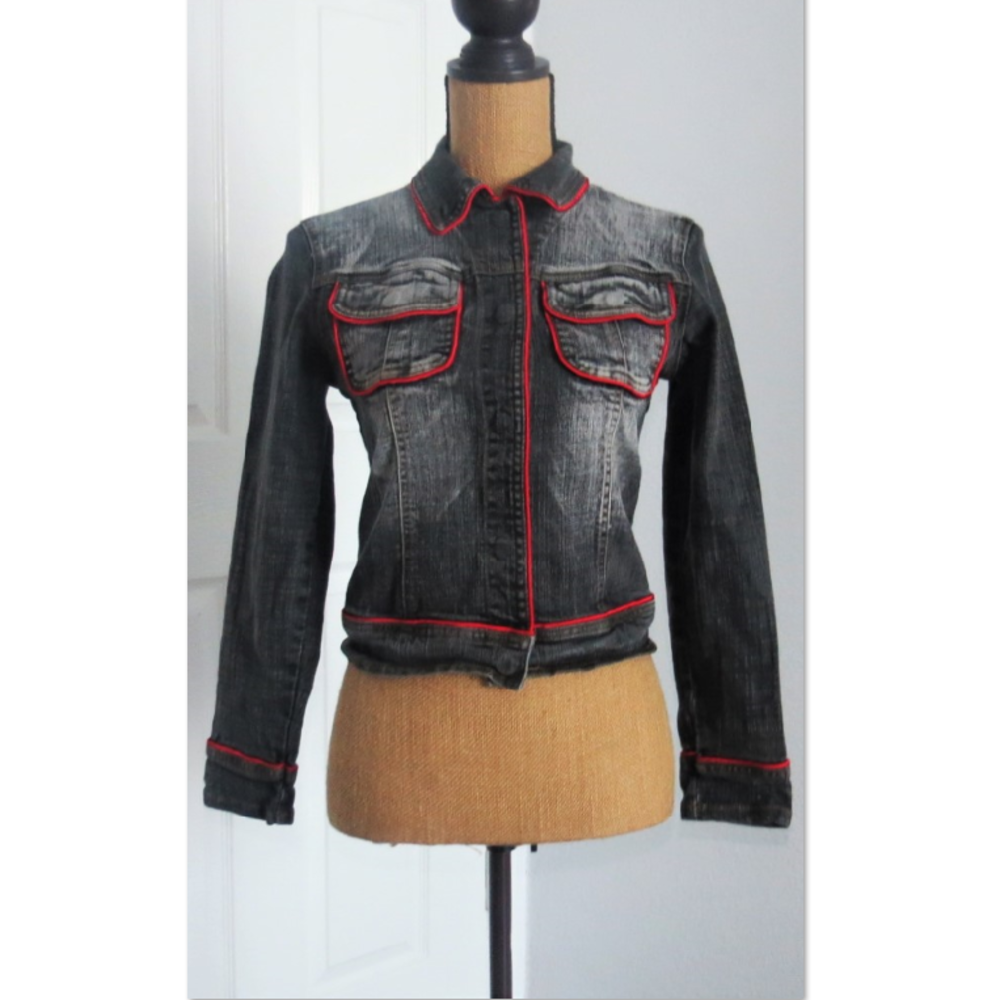 Unique Grey denim jacket w/ red accents