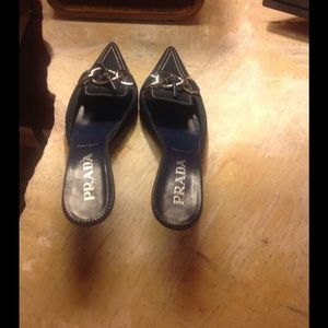 PRADA Nave Blue Mule with silver buckle