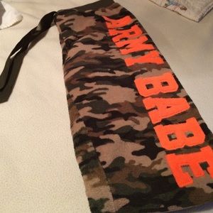 Pajama bottoms. Camo with bright orange lettering