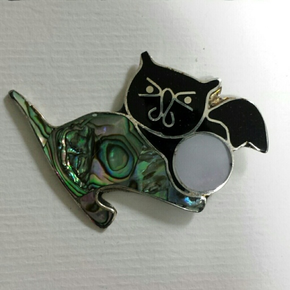 NWOT STERLING + ABALONE M.O.PEARL CAT BROACH - Picture 2 of 2