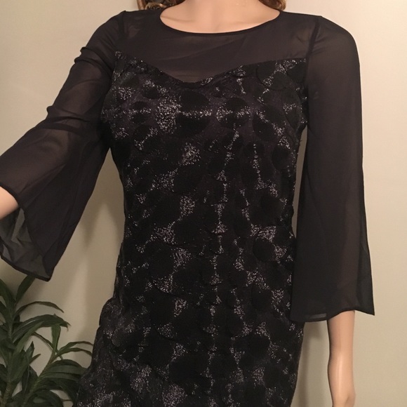 NWT MUSE SHEER BELL SLEEVE TEXTURE BLACK DRESS 4 - Picture 2 of 4