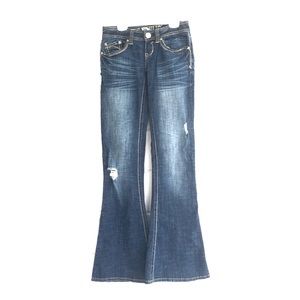 Hydraulic Distressed Flare Blue Jeans