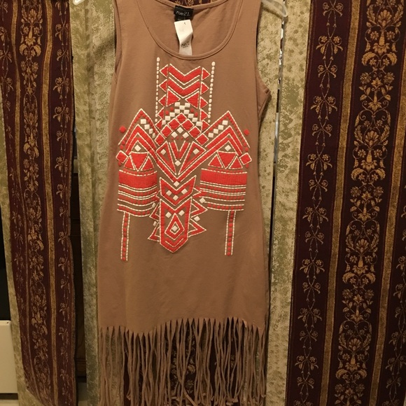 Coral and brown tribal print fringed dresss