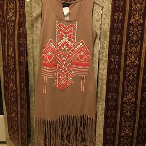 Coral and brown tribal print fringed dresss