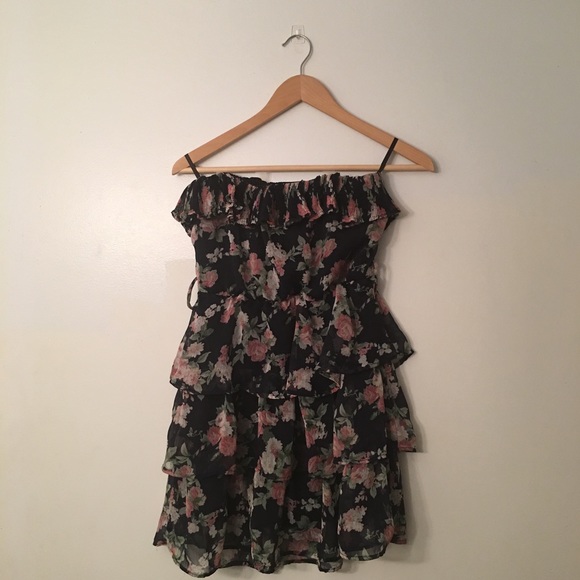 Strapless floral ruffle dress