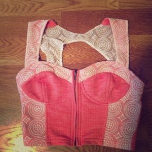 Salmon pink and white lace, open back crop top.