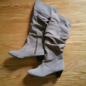 Beige Suede Stacked Heel Boots