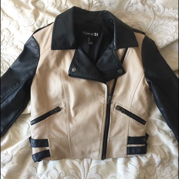 Cream and Black faux leather Motorcycle Jacket