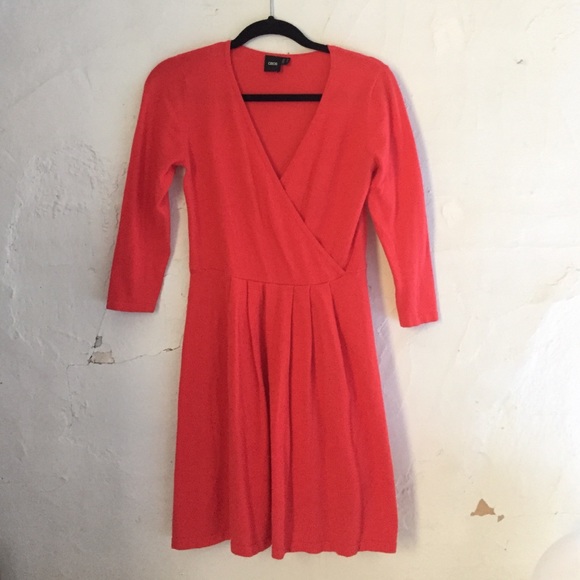 Red sweater dress wrapped bodice pleated waist
