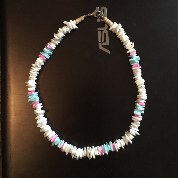 Pink blue and white shell necklace