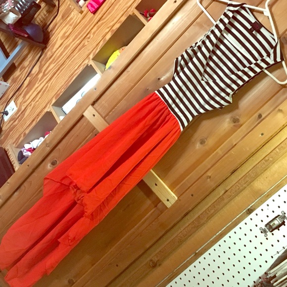 Open back striped & rusty red dress
