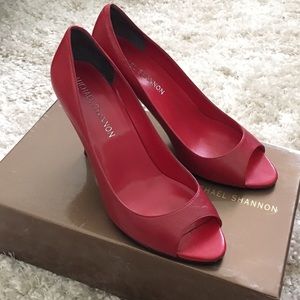 Red peep toes shoes.