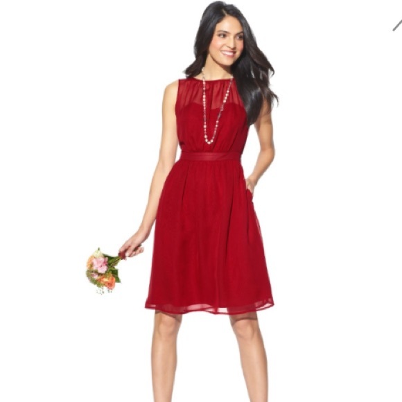 TEVOLIO Chiffon Illusion Neck Bridesmaid Dress RED