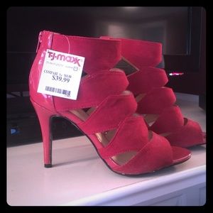 Size 6 Red Suede/Vinyl Nine West Ankle 3 1/2 Heel