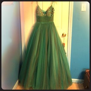 Sean Couture Aqua and Gold Prom Dress