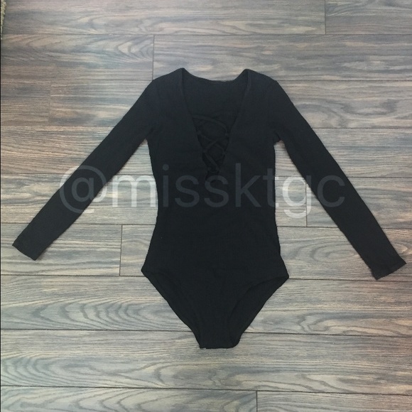 Last One - Black Ribbed Laced Up Bodysuit - Picture 2 of 2