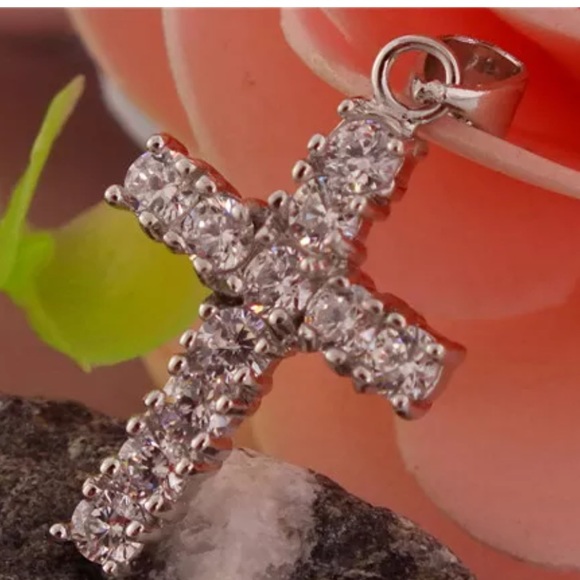 White Sapphie Cross Pendant .925 Sterling Silver - Picture 2 of 2