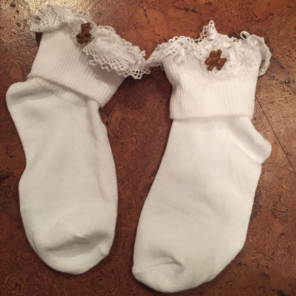 White children's socks with brown bear decor - Picture 1 of 3