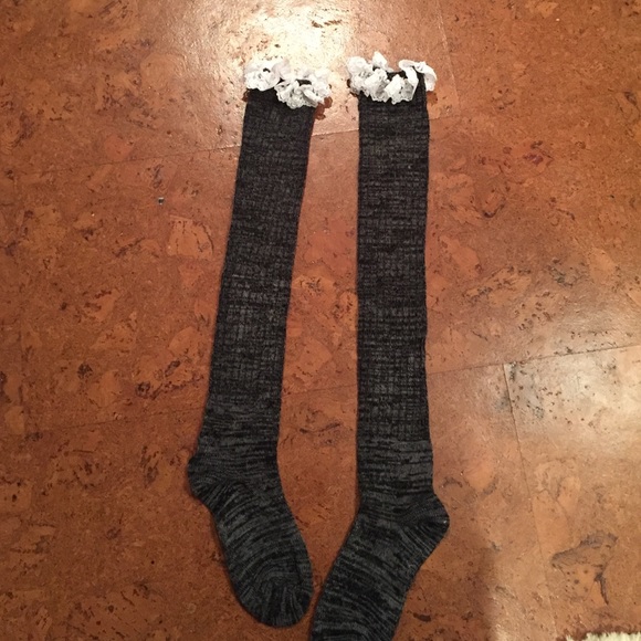 Black knee length boot socks with white lace