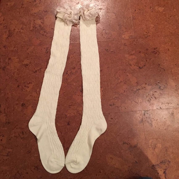 Cream knee length boot socks with creek lace