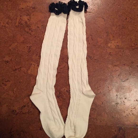 Cream knee length boot socks with blue lace. - Picture 1 of 4