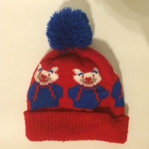 Vtg Red Bear Pom Beanie