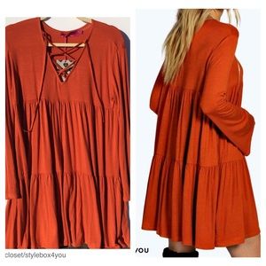 Boohoo Lilly Lace Up Smock Tiered Dress