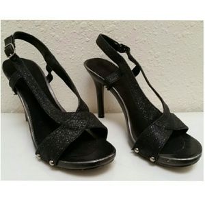 Black glittery crisscross strappy heels. Sz 6